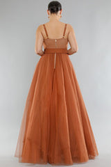 DD4002 Burnt Orange Mesh Maxi Dress - La Elegant