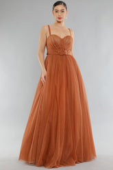 DD4002 Burnt Orange Mesh Maxi Dress - La Elegant