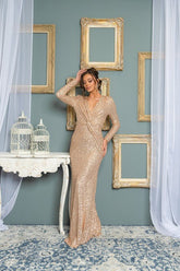 DD4014 Champagne Sequin Maxi Dress - La Elegant