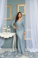 DD4015 Dusty Blue Sequin Maxi Dress - La Elegant