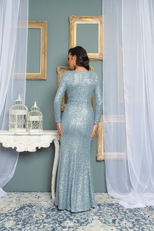 DD4015 Dusty Blue Sequin Maxi Dress - La Elegant