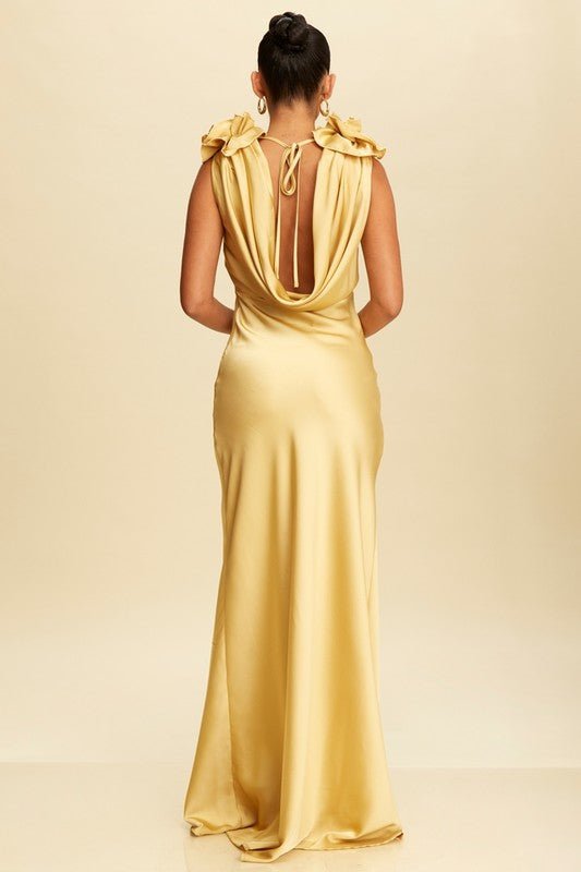 DD4016 Champagne Cowl Neck Satin Maxi - La Elegant