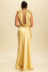 DD4016 Champagne Cowl Neck Satin Maxi - La Elegant