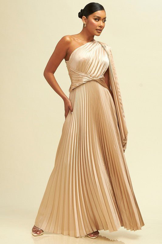 DD4021 Champagne One Shoulder Pleated Maxi Dress - La Elegant