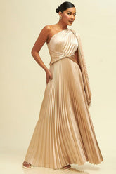 DD4021 Champagne One Shoulder Pleated Maxi Dress - La Elegant