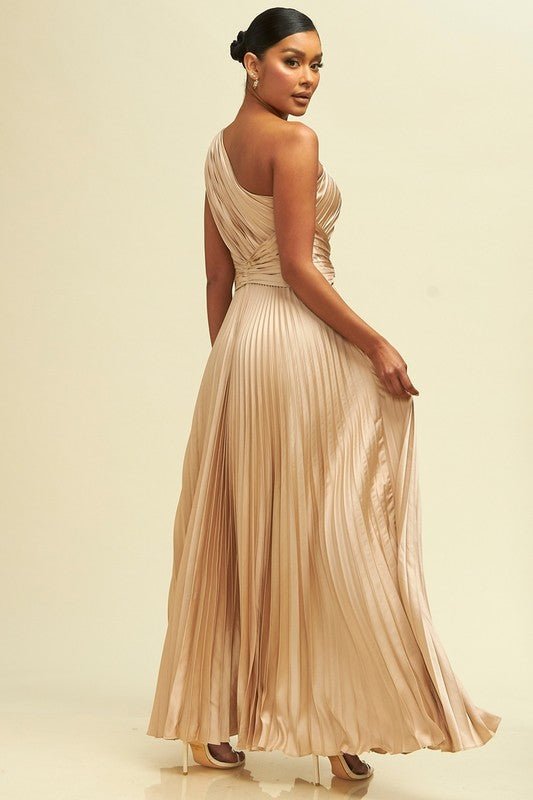 DD4021 Champagne One Shoulder Pleated Maxi Dress - La Elegant