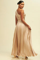DD4021 Champagne One Shoulder Pleated Maxi Dress - La Elegant