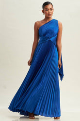 DD4023 Royal Blue One Shoulder Pleated Maxi Dress - La Elegant