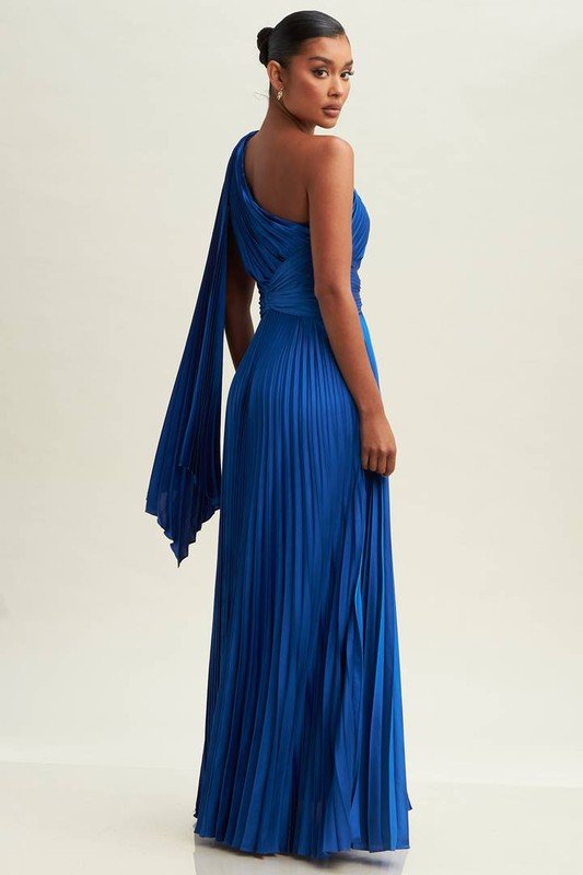 DD4023 Royal Blue One Shoulder Pleated Maxi Dress - La Elegant