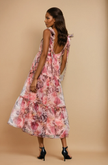 GG5102 Organza Floral Printed Tiered Midi Dress