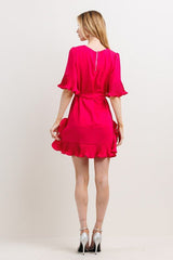 DD7072 Fuschia Pleats Detail Mini Dress