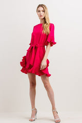 DD7072 Fuschia Pleats Detail Mini Dress