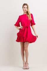 DD7072 Fuschia Pleats Detail Mini Dress