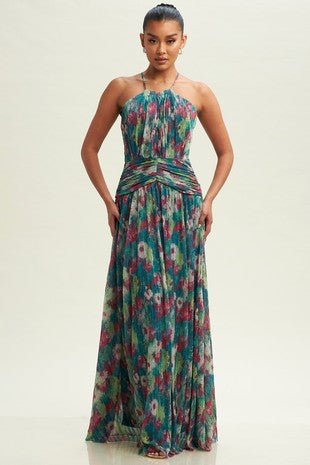D3222 Green Floral Halter Neck Maxi - La Elegant