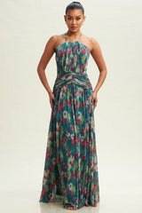 D3222 Green Floral Halter Neck Maxi - La Elegant