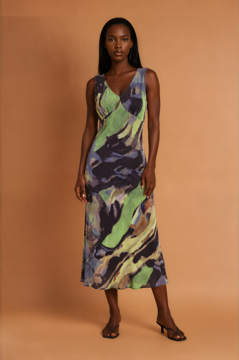 H2009 Green & Black Abstract Print Midi