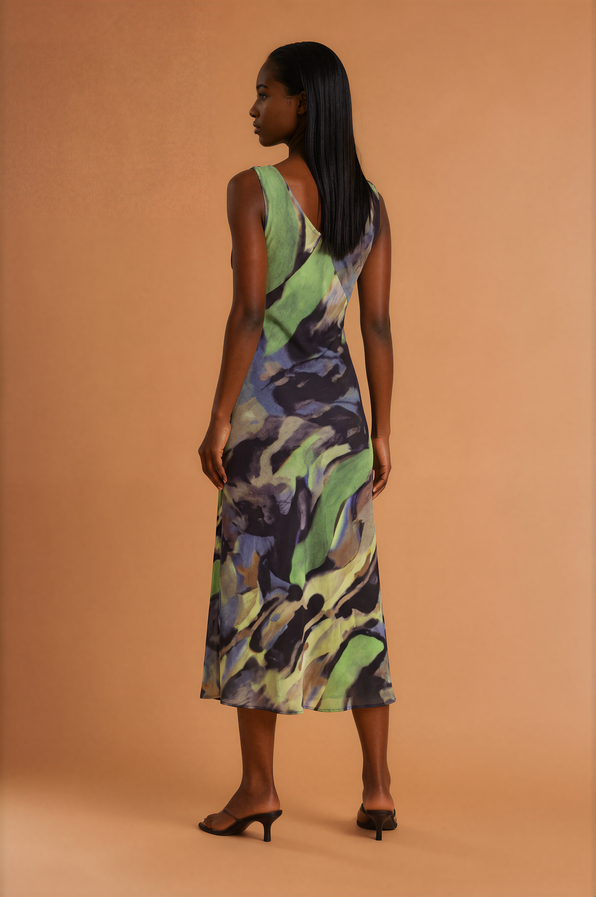 H2009 Green & Black Abstract Print Midi