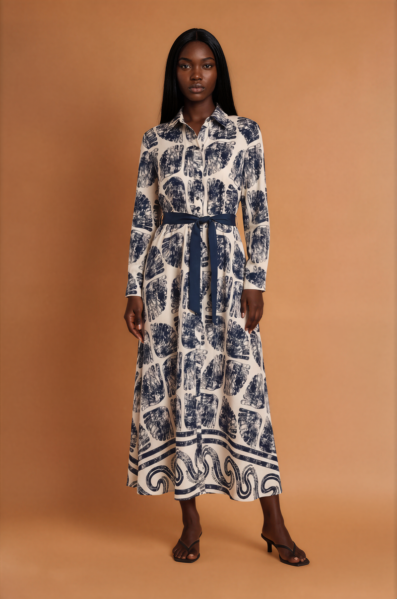 H1022 Navy Blue Square Print Dress