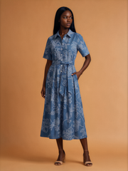 H1047 Blue Embroidered Midi Dress