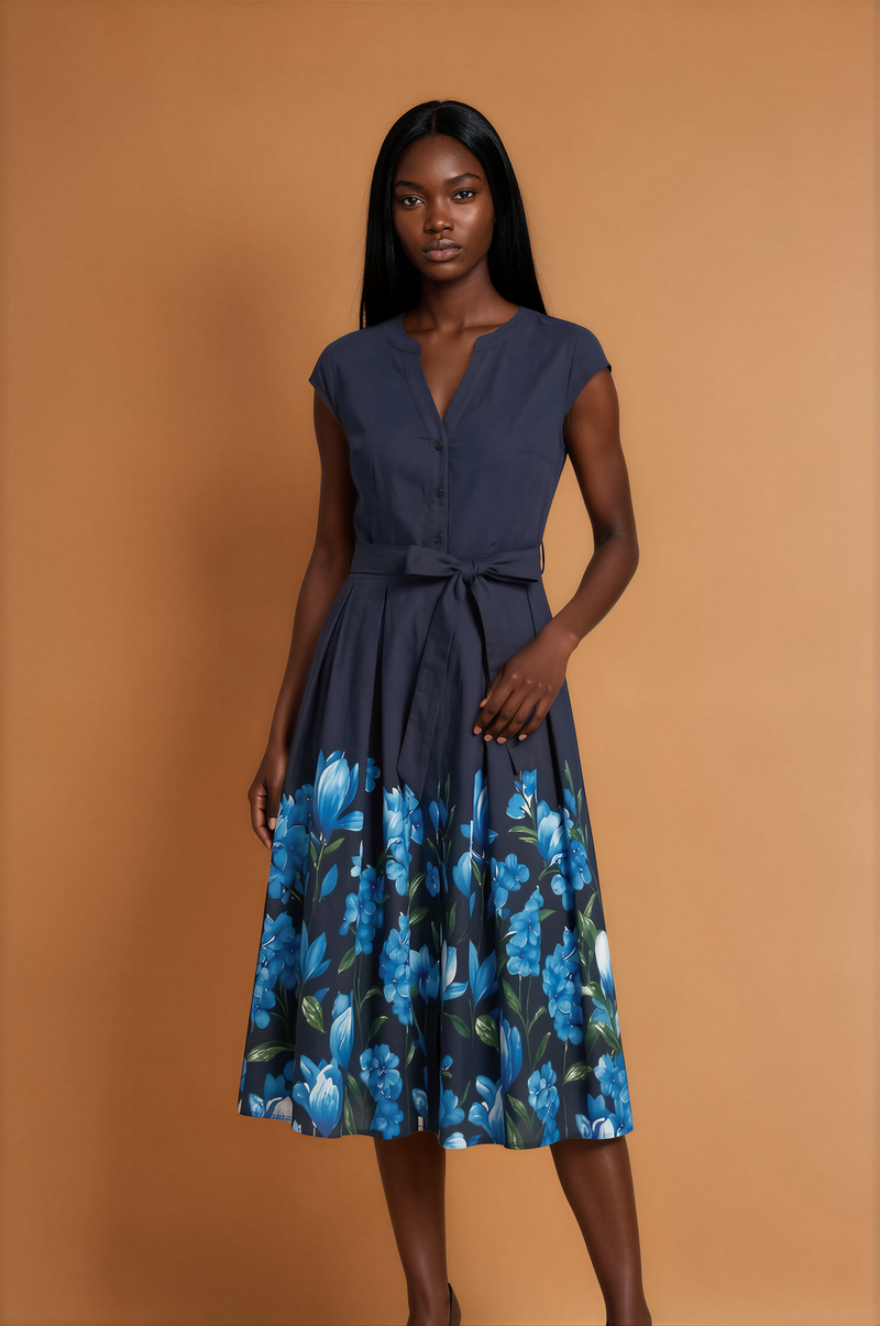 H1023 Blue Floral Midi Dress