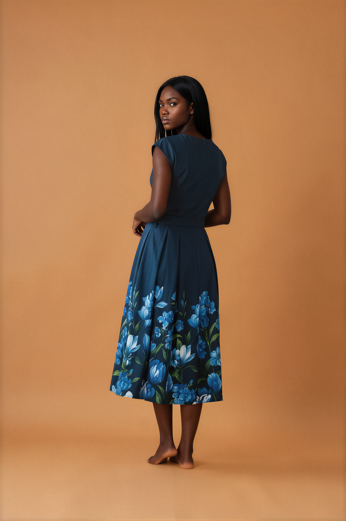 H1023 Blue Floral Midi Dress