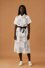 H1027 White and Black Embroidered Dress