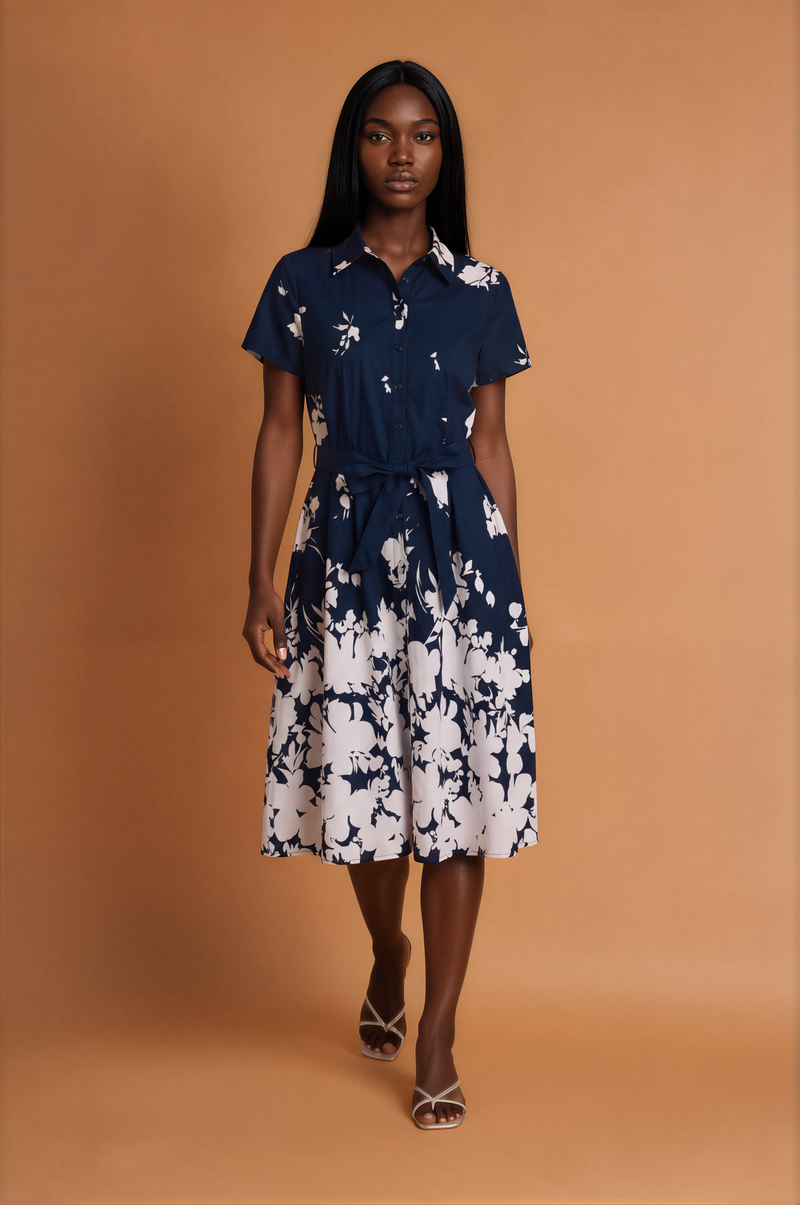 H1025 Black Blue Floral Midi