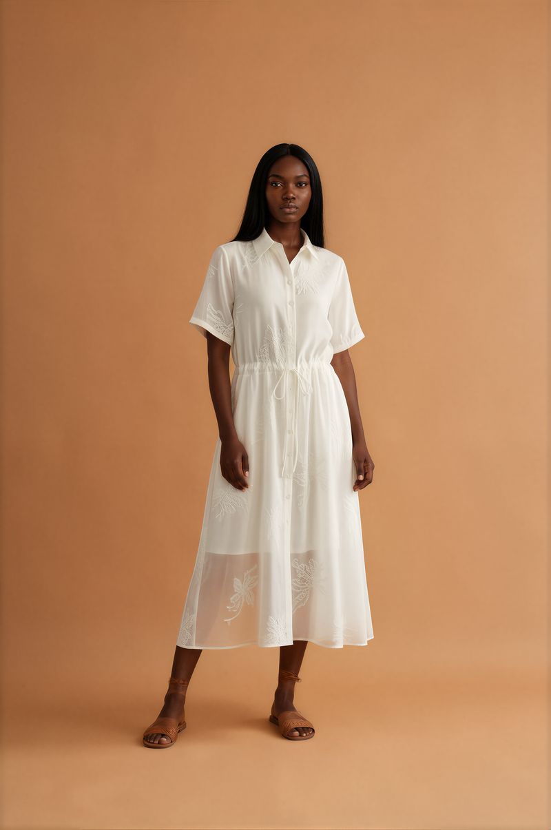 H1026 White Embroidered Midi Dress