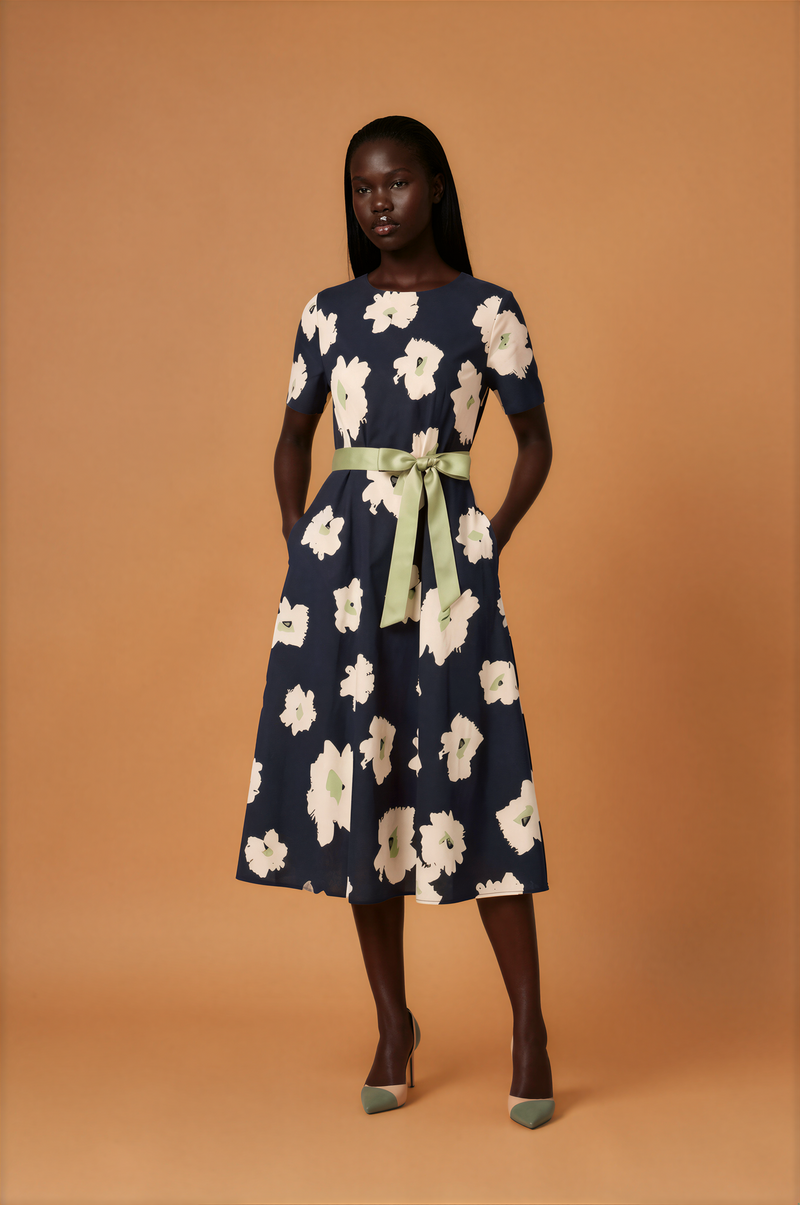 H1021 Floral Black Midi Dress