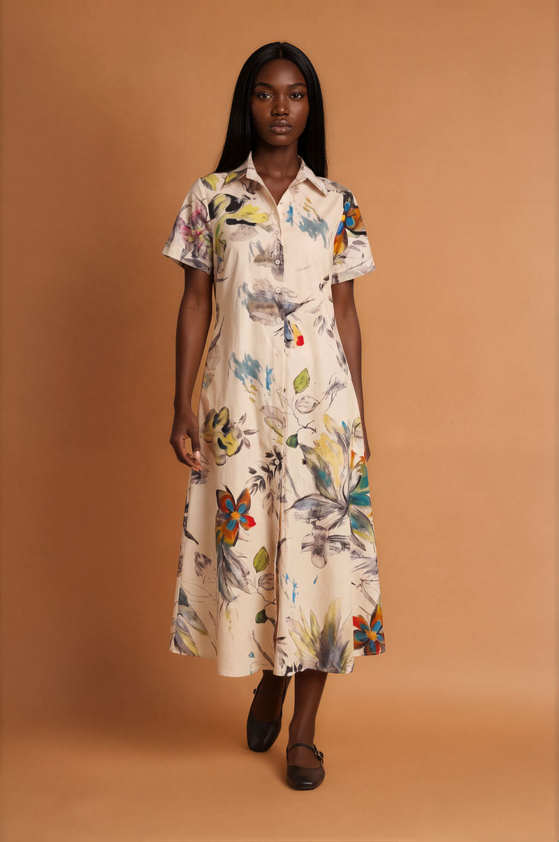H1020 Floral White Midi Dress