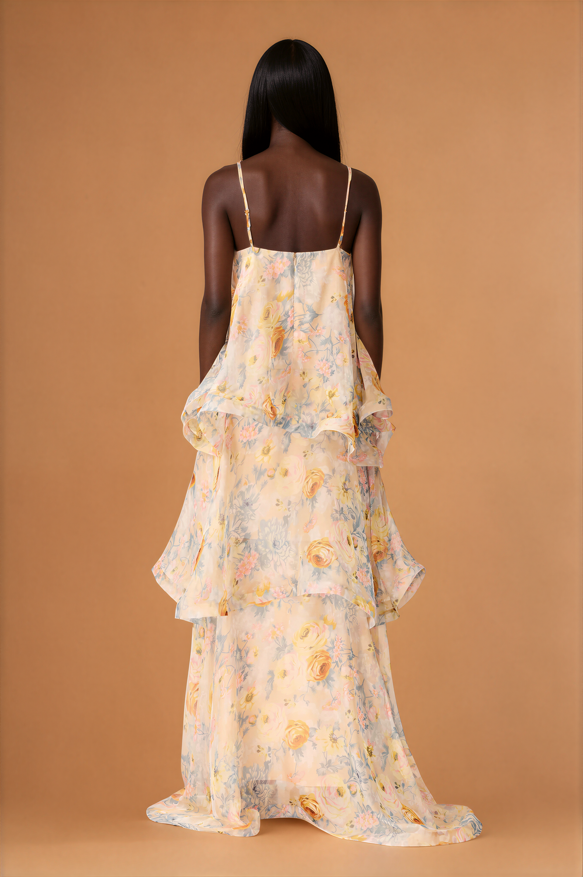 H2002 Cream Floral Frill Event Maxi