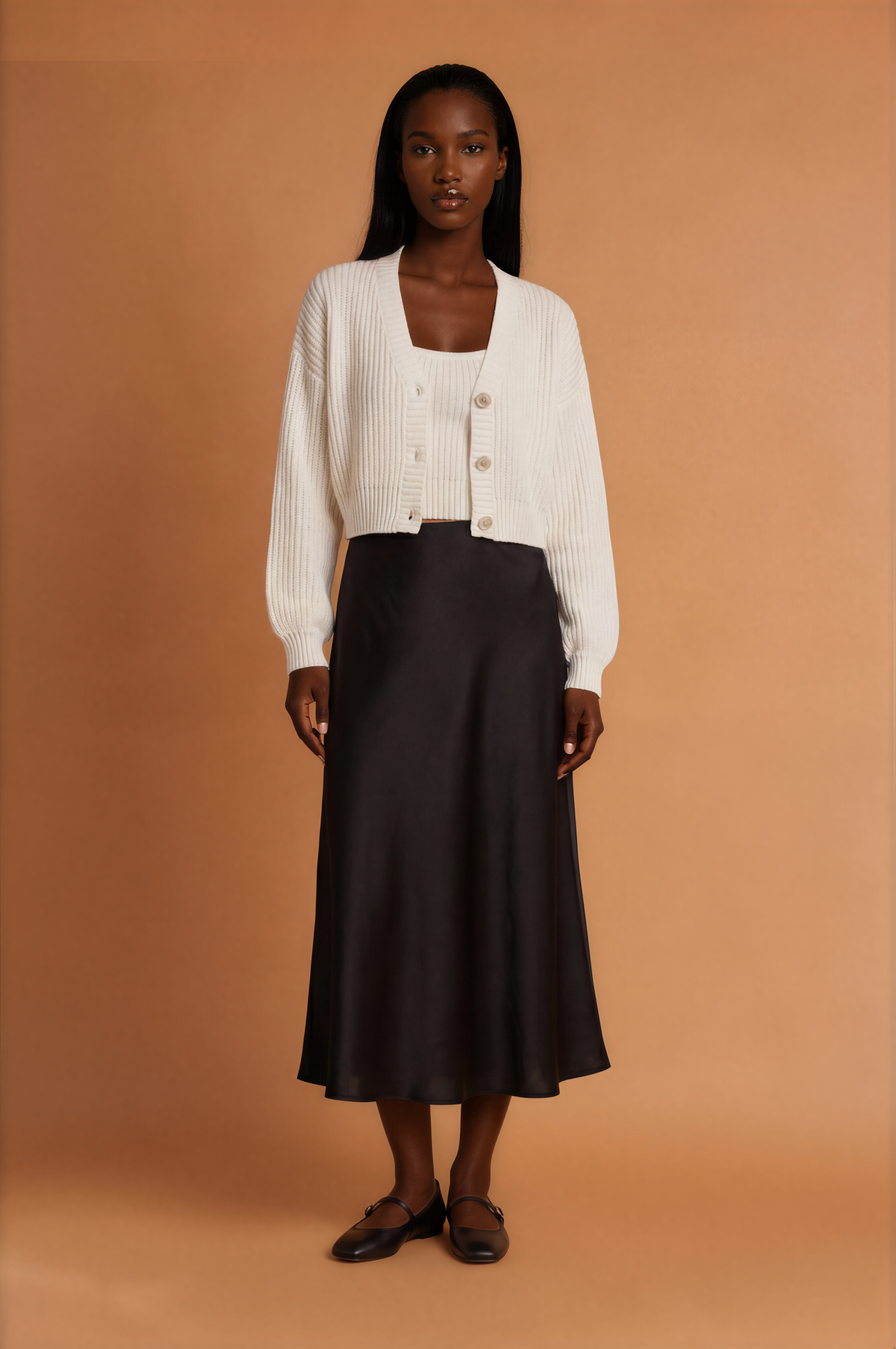 H2027 Black Satin Midi Skirt