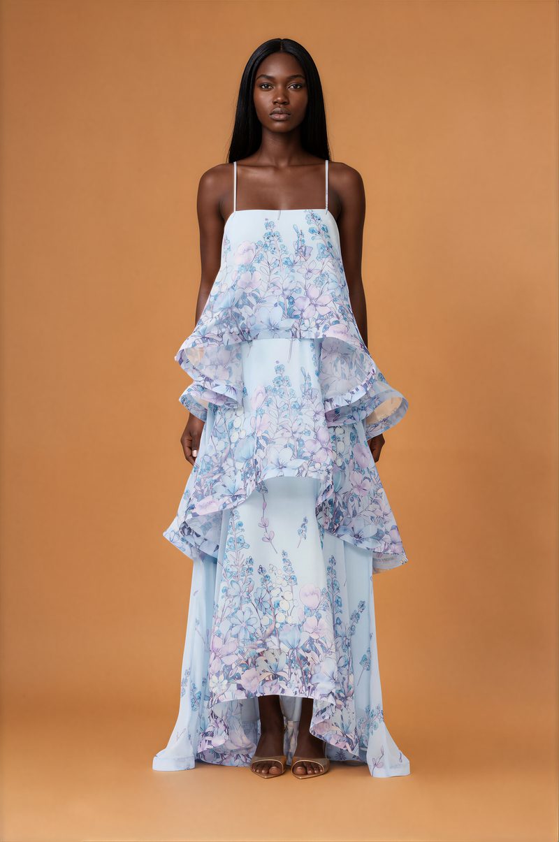 H2001 Blue Floral Frill Event Maxi