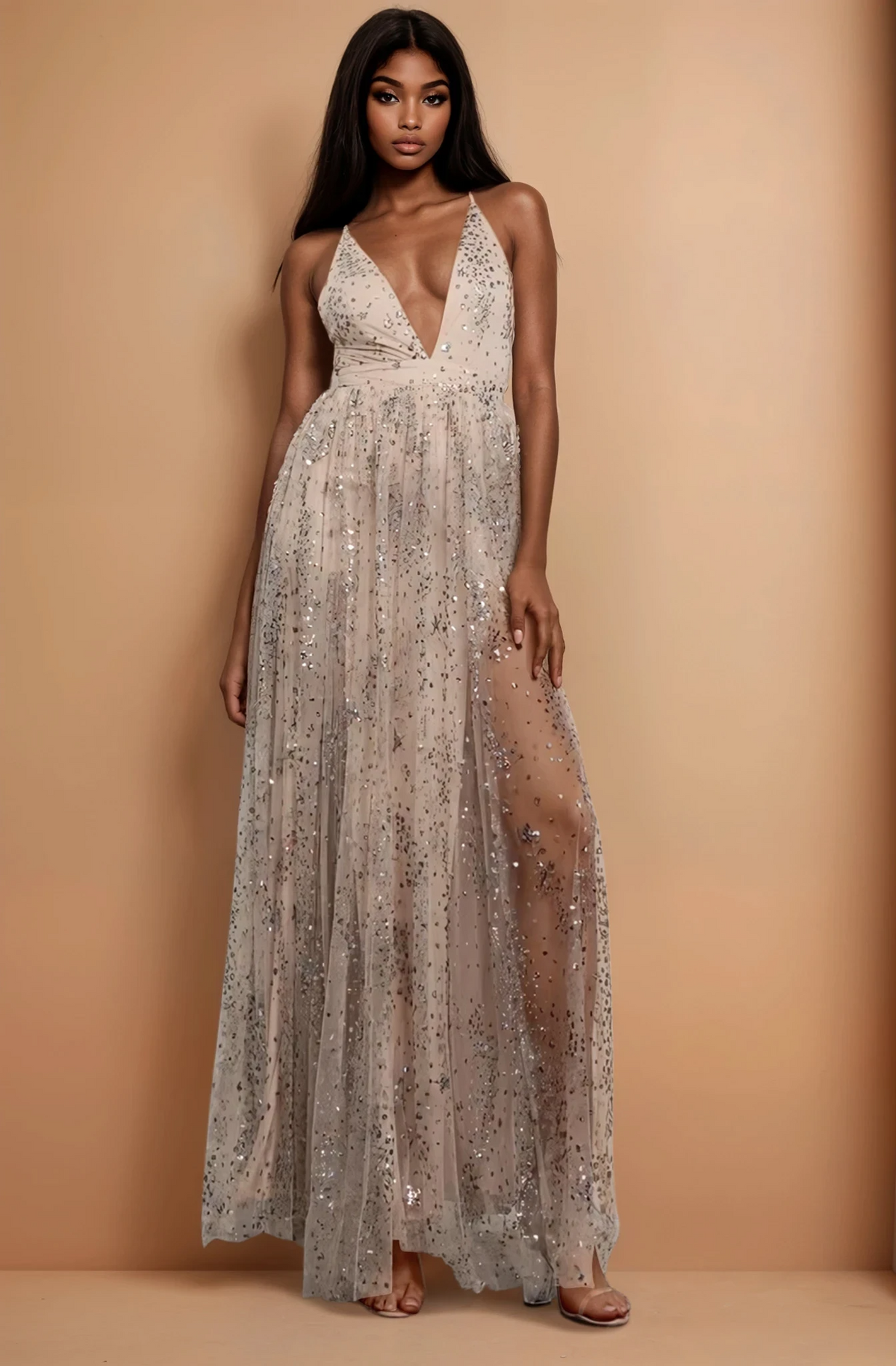 GG5107  V-neck Cross Back Strap Dress