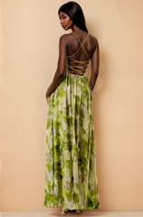 GG4019 Green Cross Back Print Maxi Dress