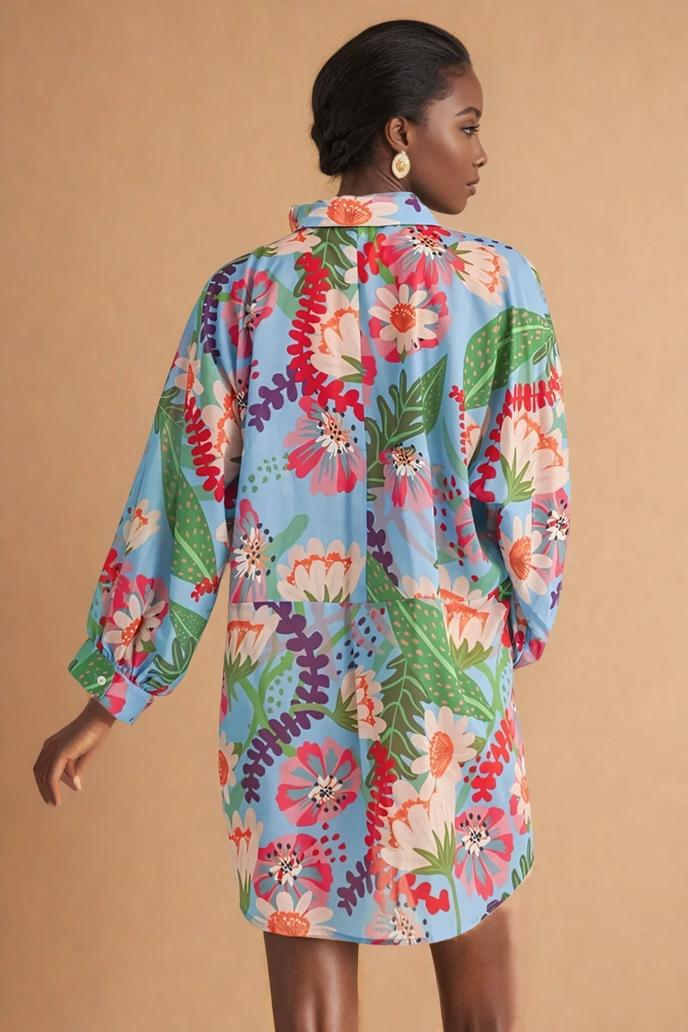 GG4001 Flower Print Chiffon Collar Dress