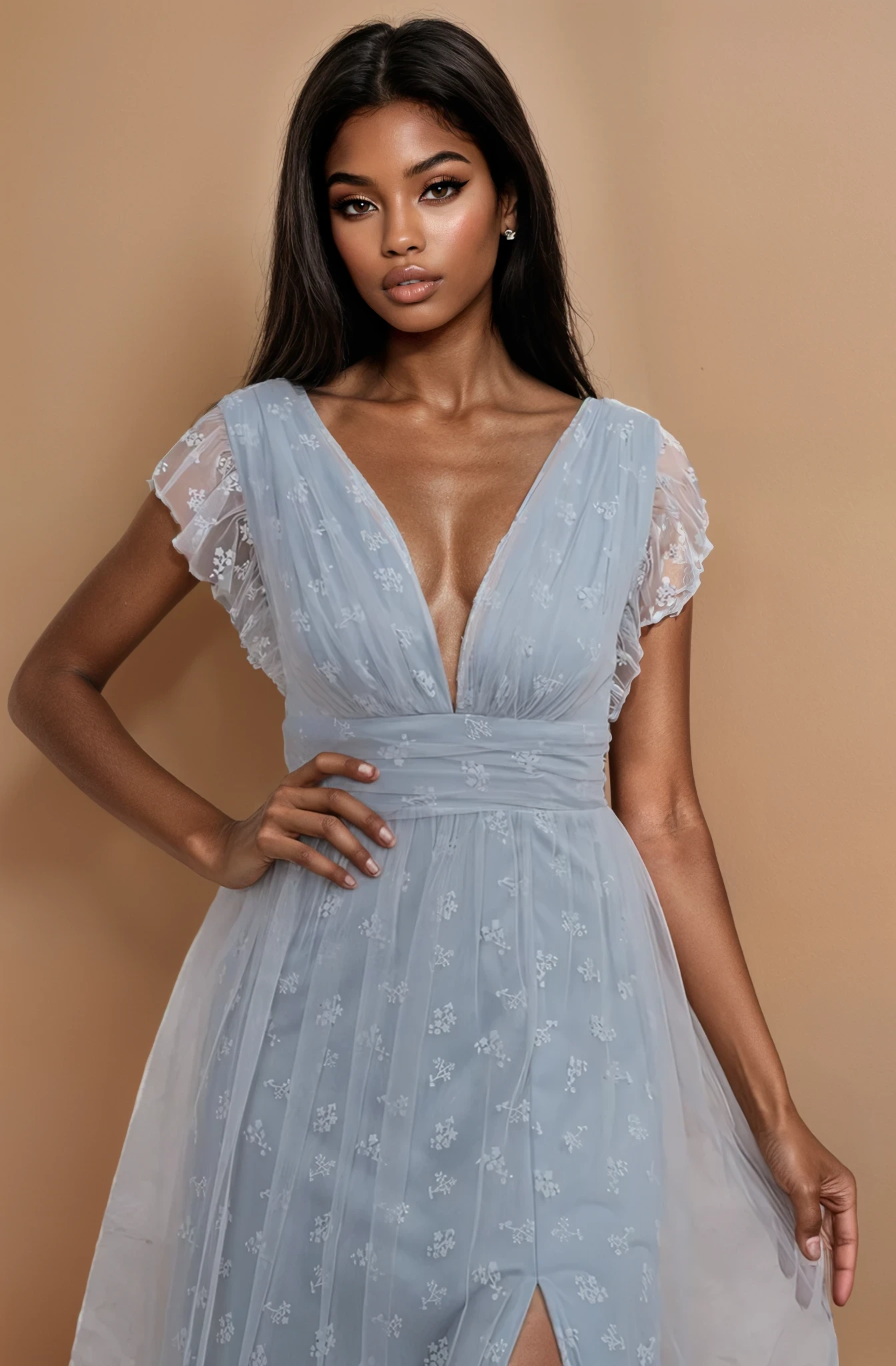 GG4049 Powder Blue V Neck Velvet Maxi