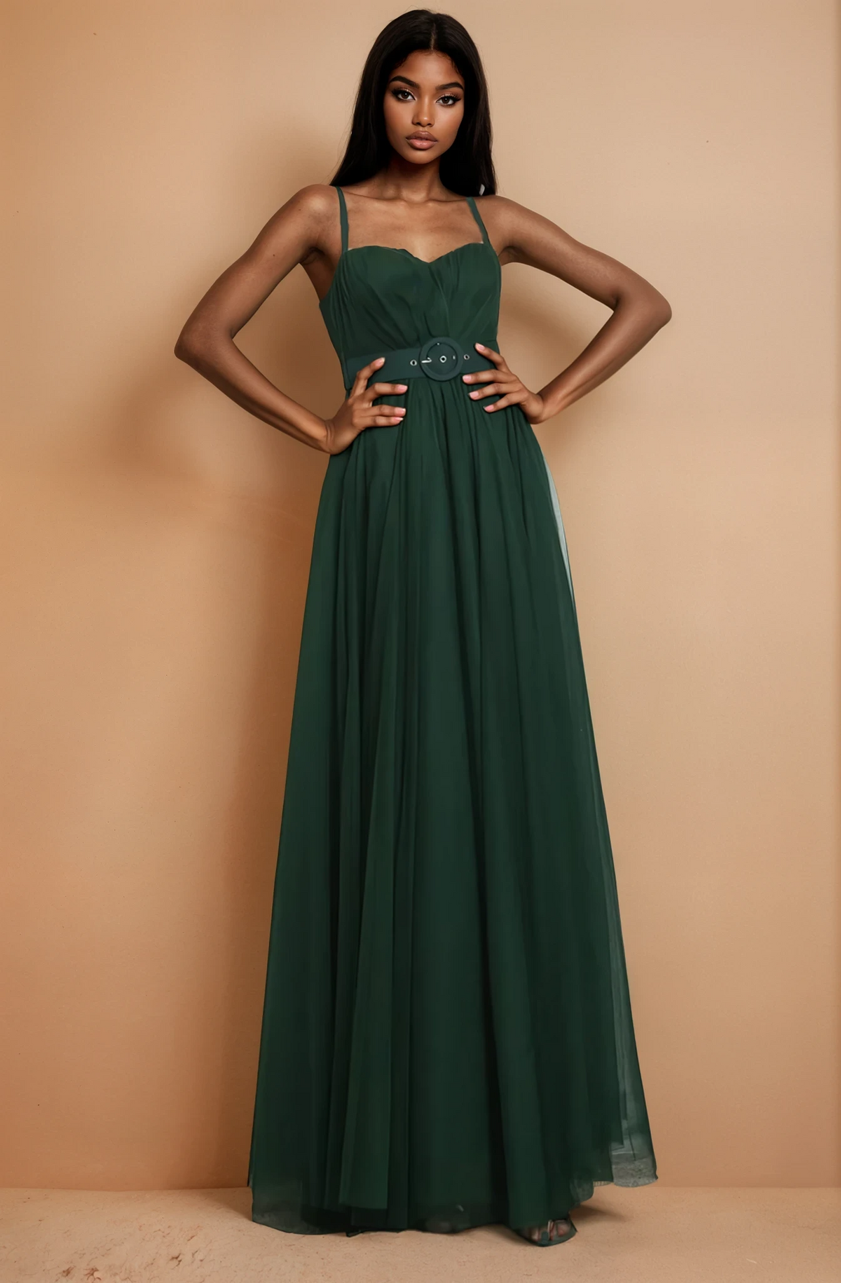GG5108 Hunter Green Shoulder Strap Belted Mesh Maxi Dress