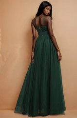 GG5108 Hunter Green Shoulder Strap Belted Mesh Maxi Dress