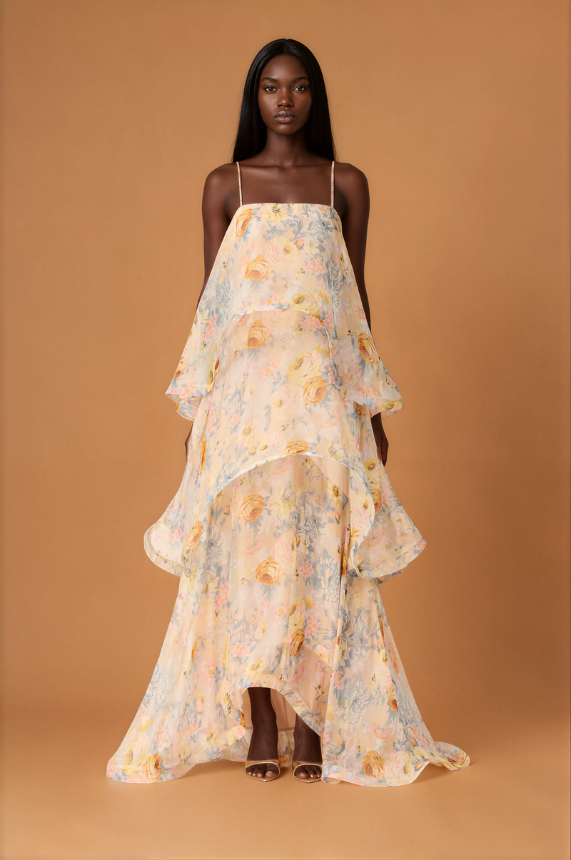 H2002 Cream Floral Frill Event Maxi