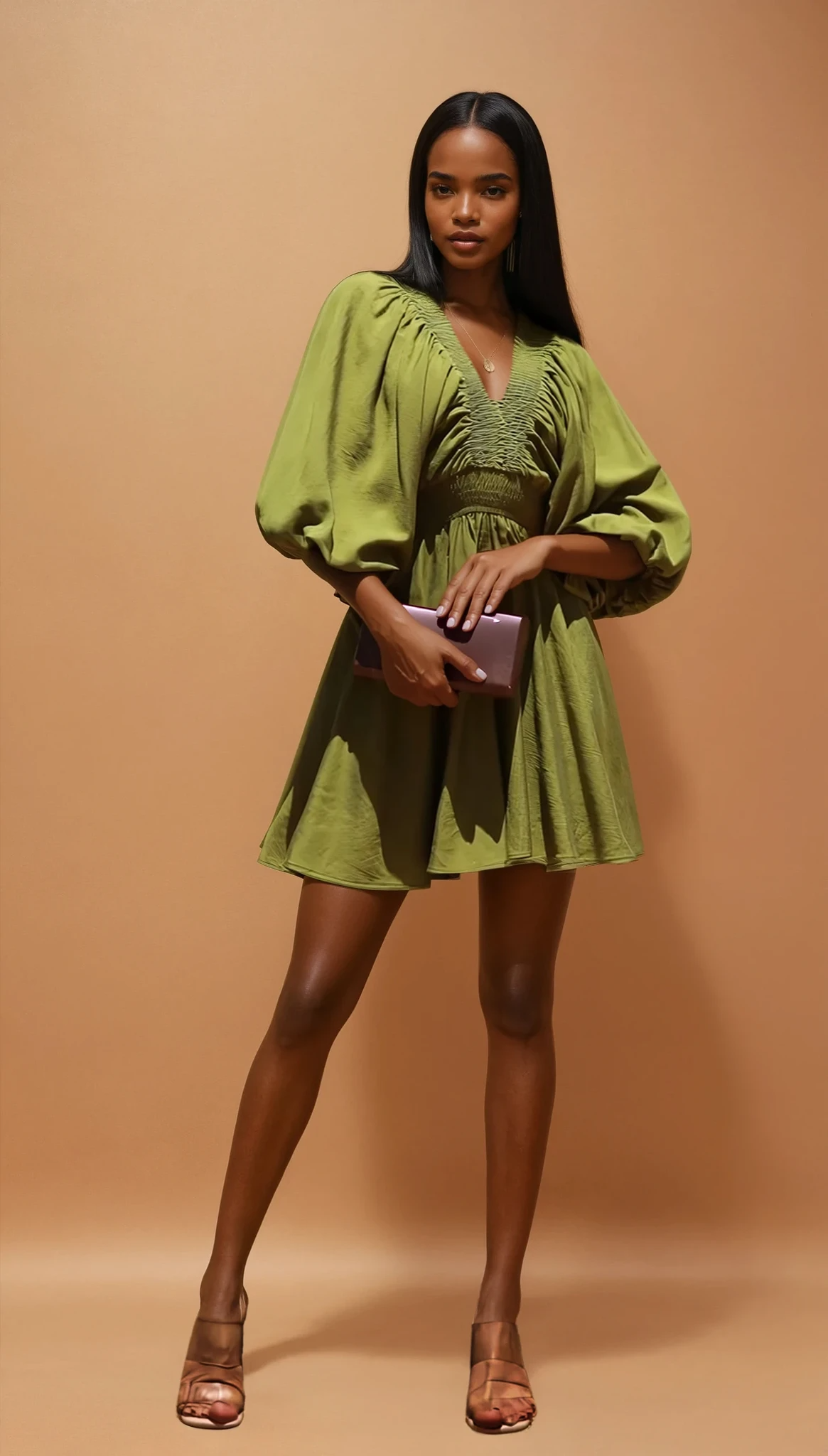 GG4125 Olive Smocked Woven Mini Dress