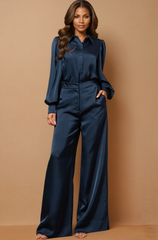 GG4014 Navy Solid Button Down Tops