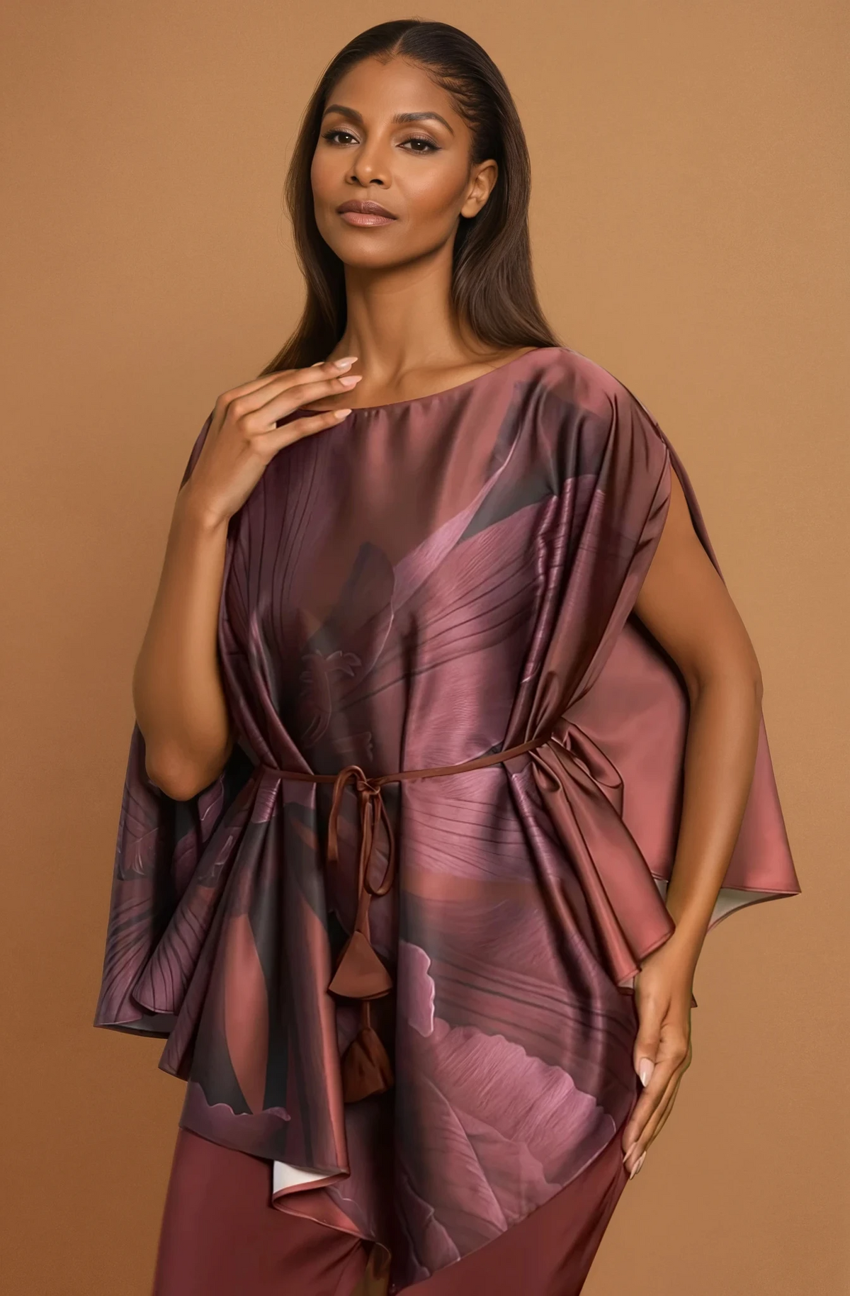 GG4132 Oversized Floral Print Satin Cape Blouse -top Only