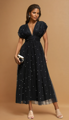 GG4121 Pearl V Neck Midi Dress