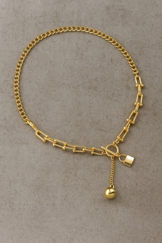 GG4137 Gold Chain Necklace With Lock And Metal Ball Charm