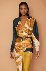 GG4134 Front Ruched V-neck Midi Dress