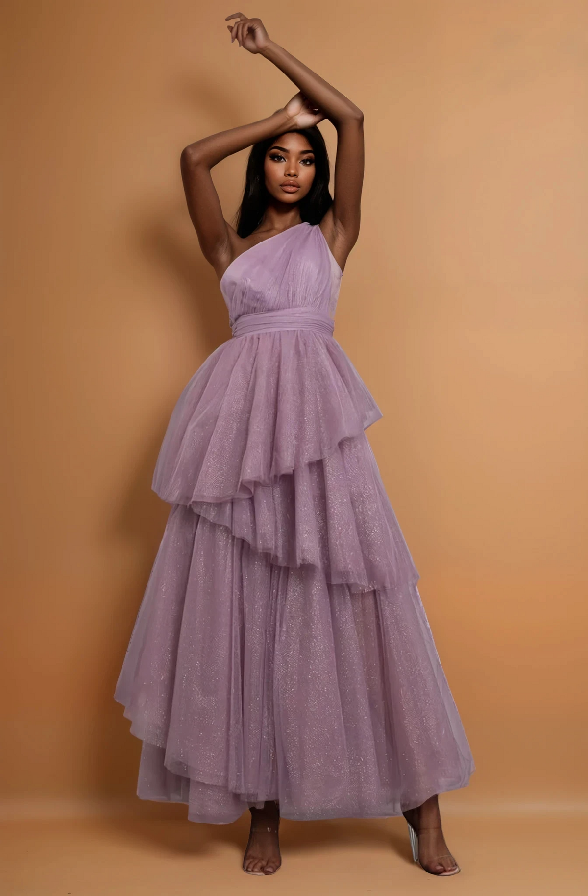 GG5105 Glitter Mesh One Shoulder Tiered Maxi Dress