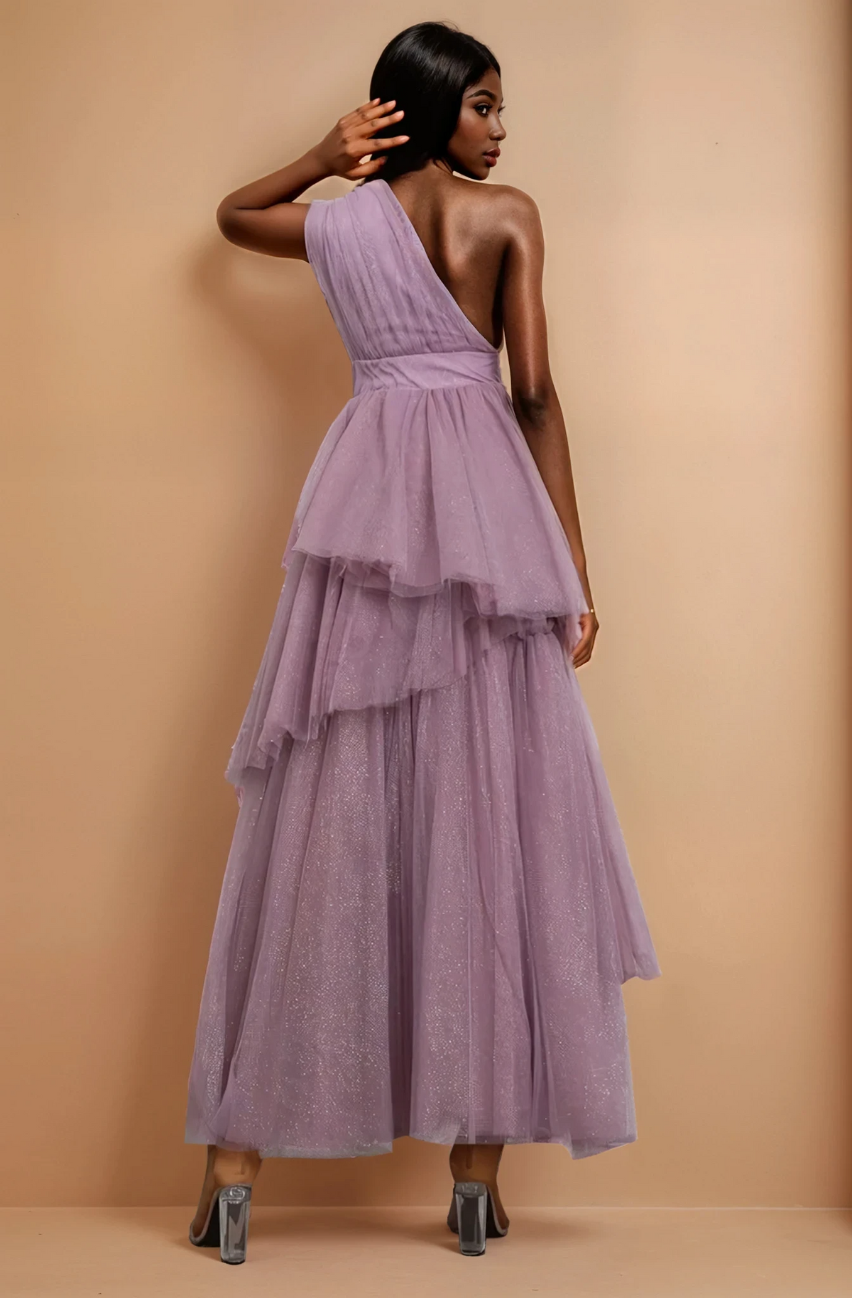 GG5105 Glitter Mesh One Shoulder Tiered Maxi Dress