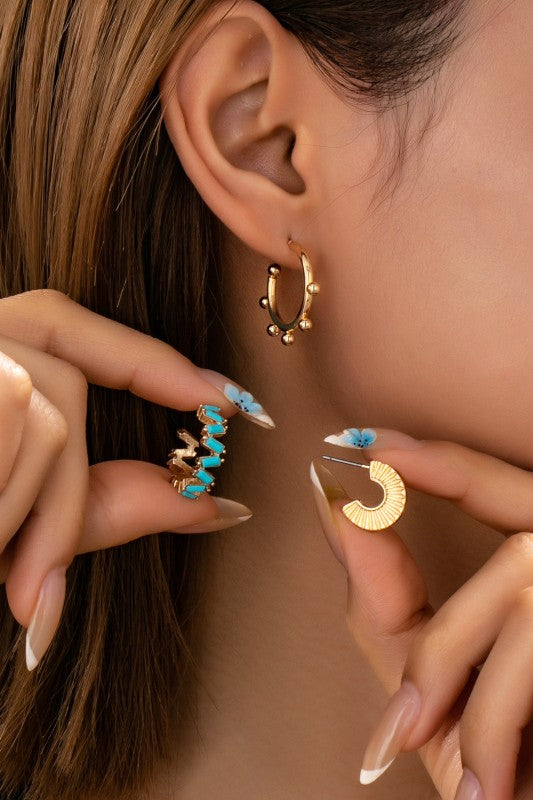 H3187 Turquoise Enamel Hoop Trio Earring Set