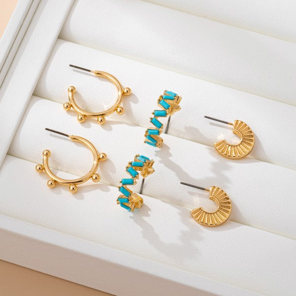 H3187 Turquoise Enamel Hoop Trio Earring Set